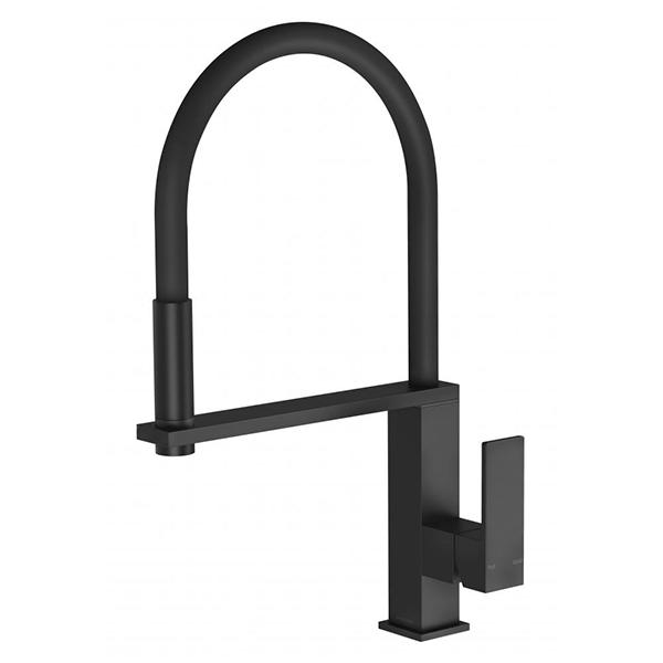 Phoenix Vezz square pull out sink mixer in matte black, shown on white background with high U-shaped swivel spout and single lever handle
