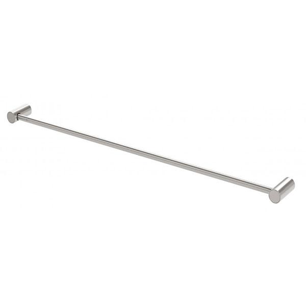 Phoenix Vivid slimline single towel rail in brushed nickel, 600mm, with round wall fixings on a white background