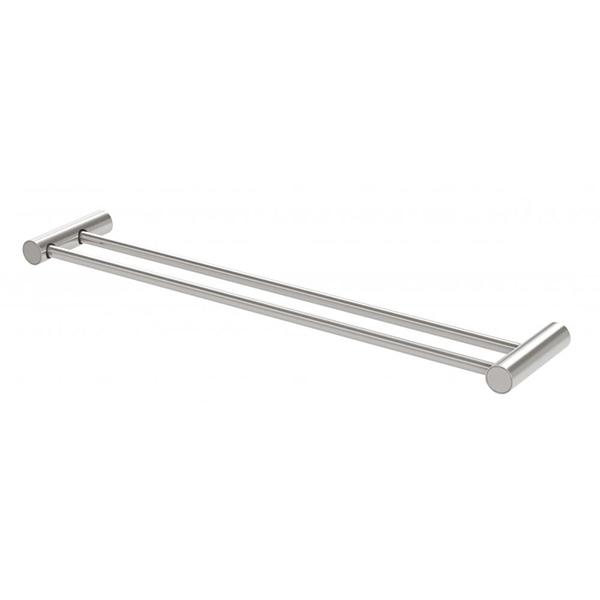 Phoenix Vivid Slimline double towel rail in brushed nickel, 600mm, with two slim bars and round wall mounts
