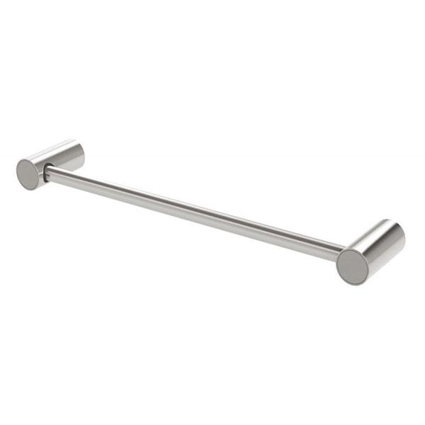 Phoenix Vivid slimline hand towel rail in brushed nickel with concealed round wall mounts, angled view
