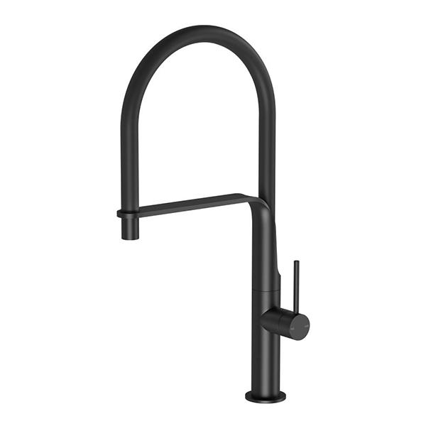 Phoenix Vido matte black pull-out sink mixer tap with high gooseneck swivel spout on white background