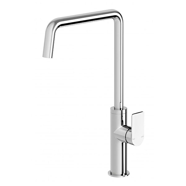Phoenix Mekko chrome sink mixer tap with squareline handle and curved gooseneck spout, isolated on white