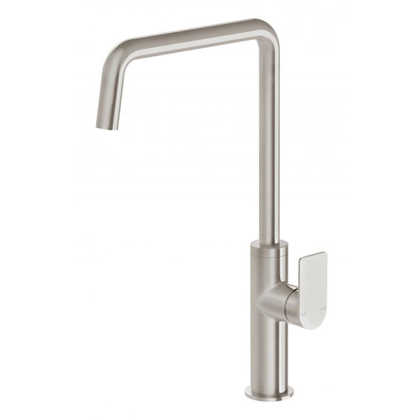 Phoenix Mekko brushed nickel squareline sink mixer with curved gooseneck spout and single lever handle on white background