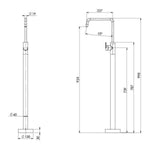 Phoenix Mekko floor mounted bath mixer technical drawing in chrome, showing front and side views with dimensions