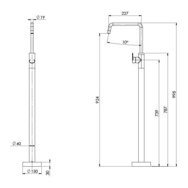 Phoenix Mekko floor mounted bath mixer technical drawing in chrome, showing front and side views with dimensions