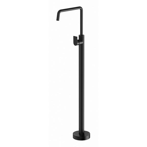 Phoenix Mekko floor mounted bath mixer in matte black, freestanding tap with tall curved spout and round base