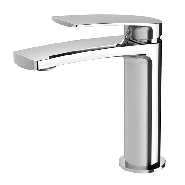 Phoenix Mekko chrome basin mixer tap with flat lever handle, side view on white background