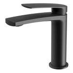 Phoenix Mekko basin mixer in matte black, side view with curved spout and round base on white background