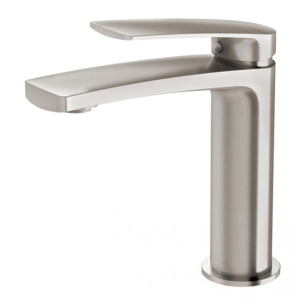 Phoenix Mekko basin mixer tap in brushed nickel, shown on white background, with tall cylindrical base and flat curved spout