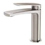 Phoenix Mekko basin mixer tap in brushed nickel, shown on white background, with tall cylindrical base and flat curved spout