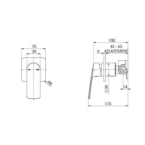 Phoenix Mekko SwitchMix shower wall mixer technical drawing in chrome, with front and side dimensions shown