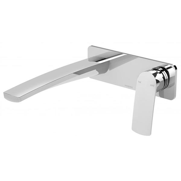 Phoenix Mekko wall basin/bath mixer set in polished chrome, 200mm spout, wall mounted with single lever handle