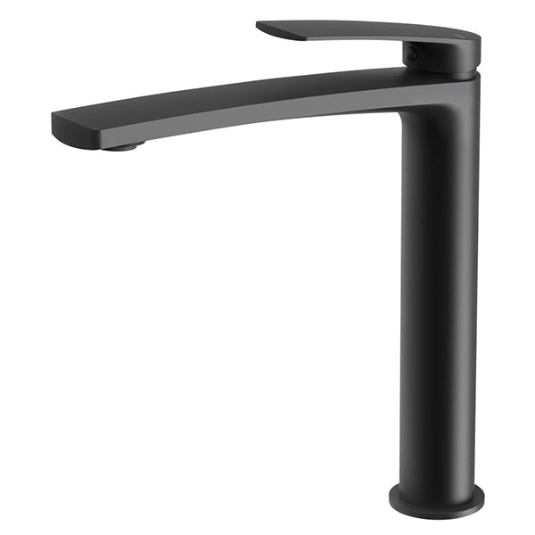 Phoenix Mekko matte black vessel basin mixer, tall hob mounted tap with curved spout