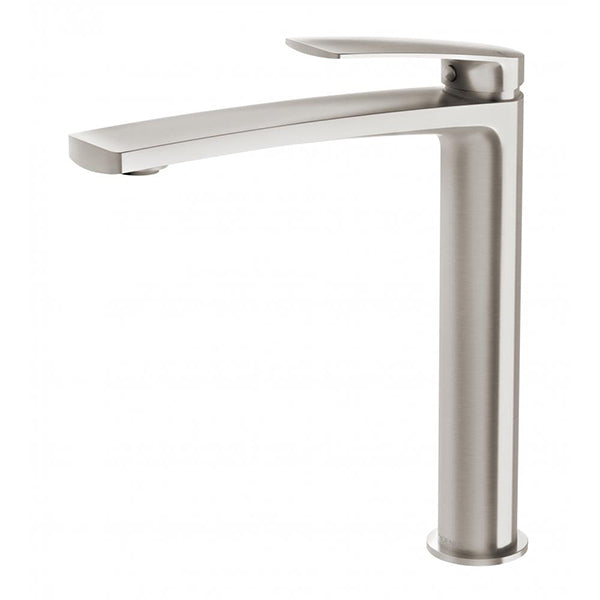 Phoenix Mekko vessel basin mixer in brushed nickel, tall hob-mounted tap with rounded lever, side view on white background