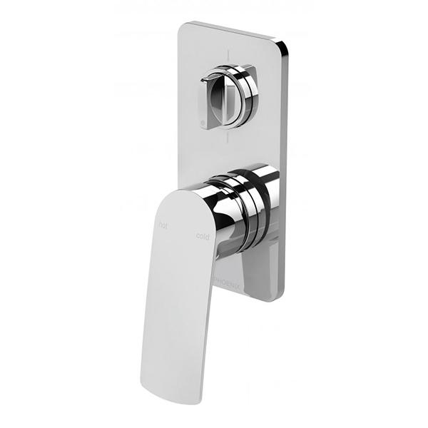 Phoenix Mekko wall-mounted shower and bath diverter mixer in polished chrome with rectangular backplate and lever handle