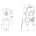 Phoenix Mekko shower bath mixer with diverter in brushed nickel, technical front and side view with dimensions