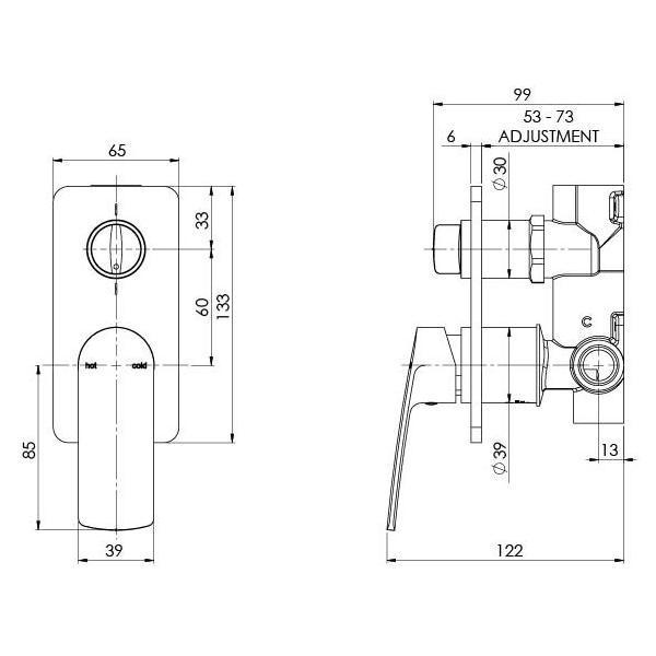 Phoenix Mekko SwitchMix chrome wall mixer technical drawing with front and side dimensions, diverter handle and dress plate