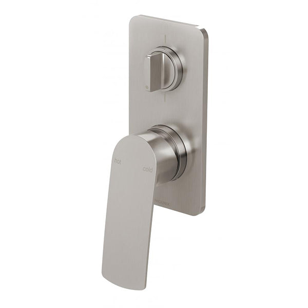 Phoenix Mekko brushed nickel shower and bath mixer with diverter, wall-mounted, with round handle and rectangular backplate