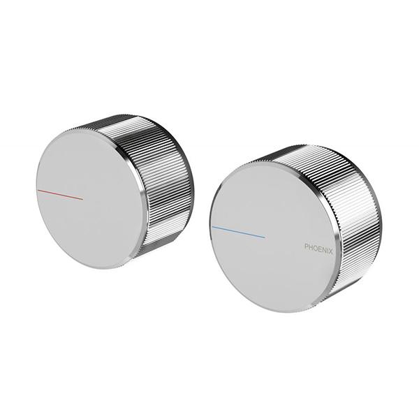 Phoenix Axia chrome wall top assemblies with round ribbed handles, shown as a pair on white background