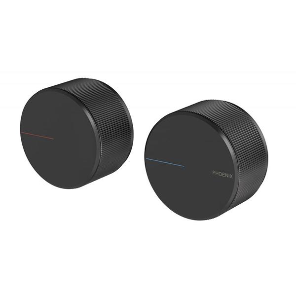 Phoenix Axia wall top assemblies in matte black, round pair of bathroom taps with ribbed sides, front view on white background