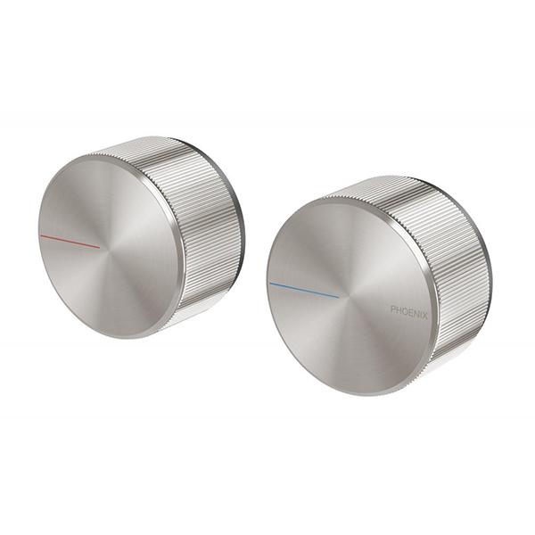 Phoenix Axia wall top assemblies in brushed nickel, pair of round wall tap handles with ribbed sides on white background