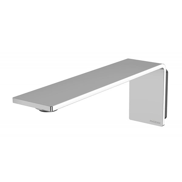 Phoenix Axia wall basin/bath outlet 200mm in chrome, side view, slim rectangular wall spout by Phoenix