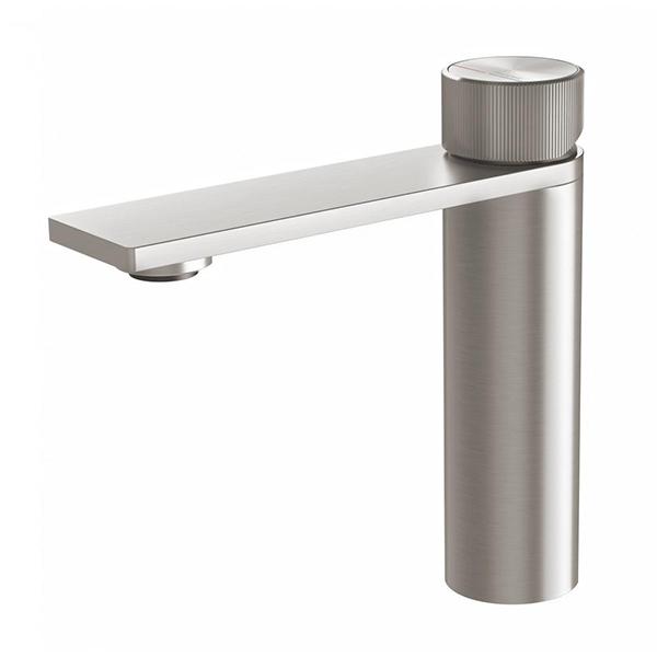 Phoenix Axia basin mixer in brushed nickel, slim hob-mounted tap with cylindrical body and flat spout