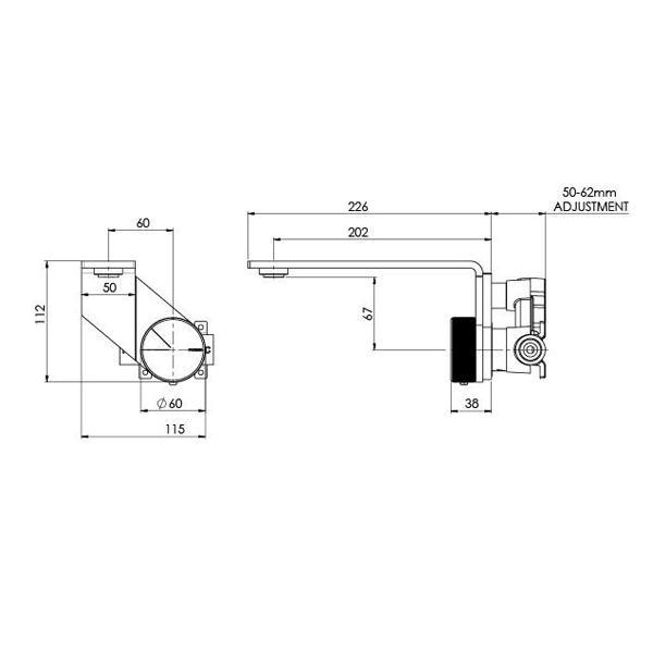Phoenix Axia wall basin/bath mixer set technical drawing in chrome, showing 200mm spout reach and wall-mounted dimensions