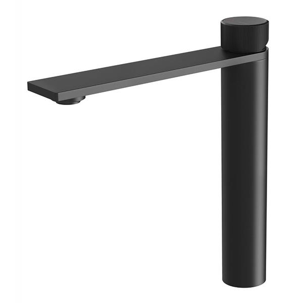 Phoenix Axia vessel mixer tap in matte black, tall cylindrical body with slim flat spout, side view on white background