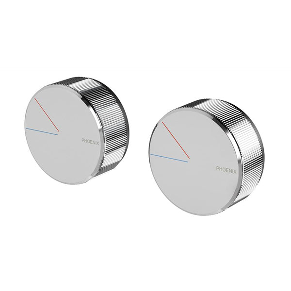 Phoenix Axia Chrome twin shower/wall mixer handle pair, round wall-mounted taps with ribbed sides and red/blue indicators