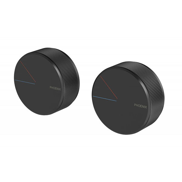 Phoenix Axia twin shower wall mixer in matte black, circular wall-mounted control shown front and angled views