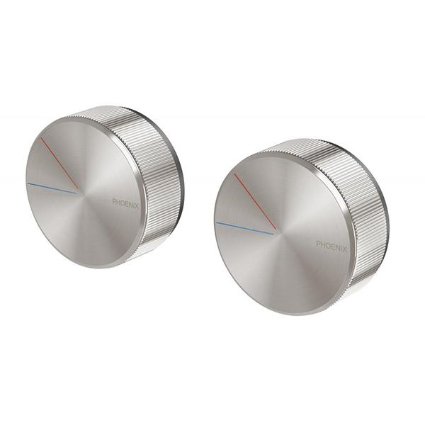 Phoenix Axia twin shower/wall mixer in brushed nickel, showing two round wall-mounted mixer knobs on white background