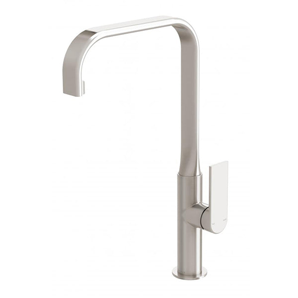 Phoenix Teel sink mixer in brushed nickel, squareline gooseneck kitchen tap, side view on white background