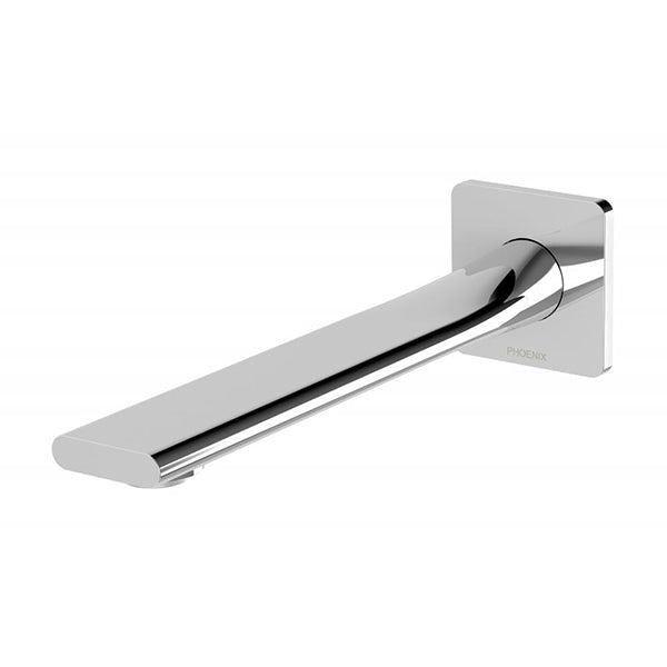 Phoenix Teel wall bath outlet 200mm in chrome, sleek wall-mounted bath spout with square backplate and rounded end.