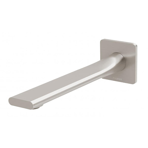Phoenix Teel wall basin outlet 200mm in brushed nickel, wall-mounted spout with square backplate, side view
