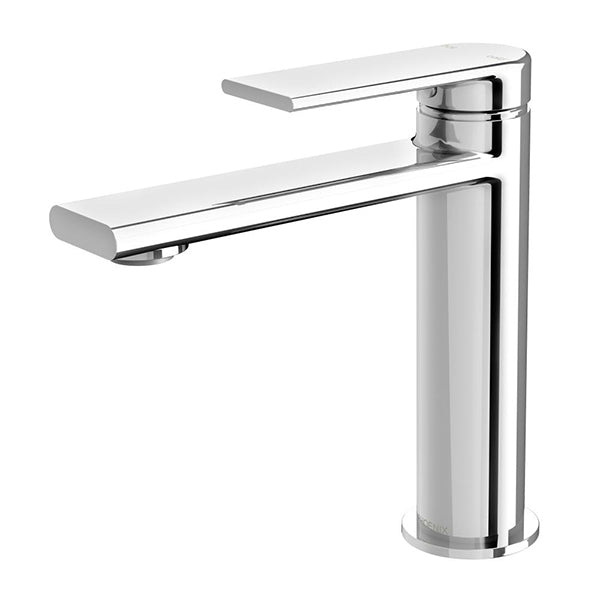 Phoenix Teel chrome basin mixer tap with slim lever and cylindrical base, side view on white background