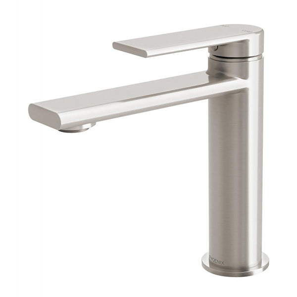 Phoenix Teel basin mixer tap in brushed nickel, shown on white background with slim single-lever design and curved spout