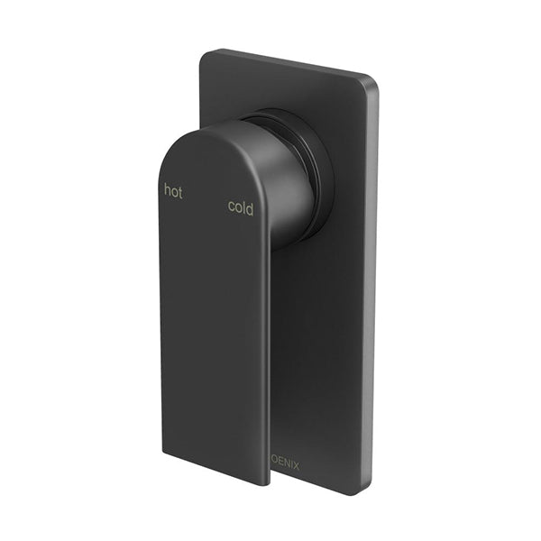 Phoenix Teel shower wall mixer in matte black, wall-mounted with slim rectangular plate and low-profile handle