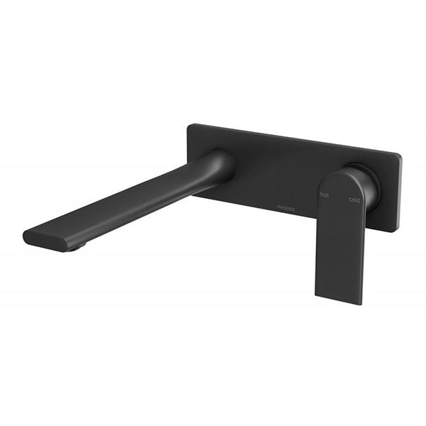 Phoenix Teel wall basin/bath mixer set in matte black, with long spout and right-side lever on rectangular backplate