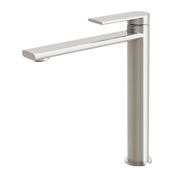 Phoenix Teel vessel mixer in brushed nickel, tall single-lever basin tap with slim spout on white background
