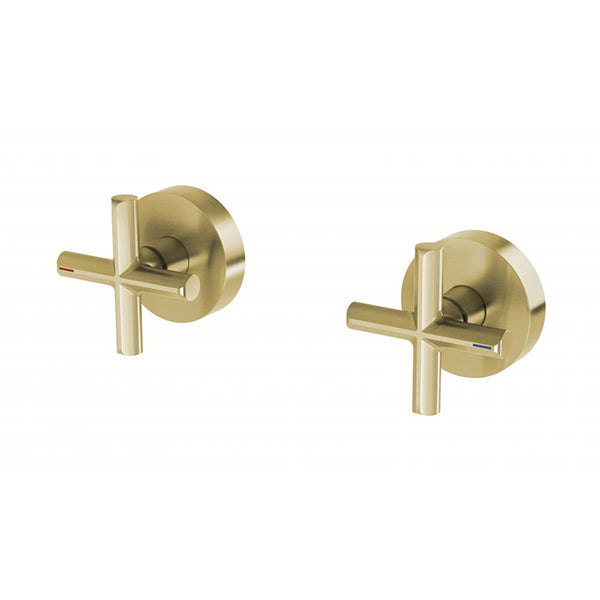 Phoenix Vivid Slimline Plus wall top assemblies in brushed gold, pair of wall-mounted taps with cross handles and round backplates