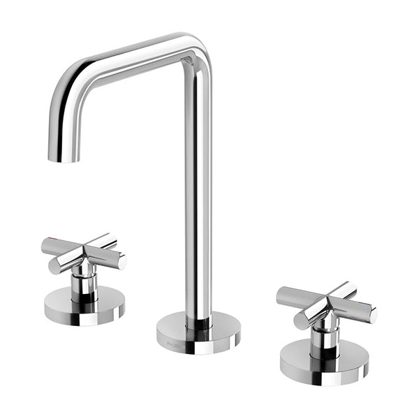 Phoenix Vivid Slimline Plus 3 piece basin set in chrome, with square gooseneck spout and cross handles on round bases