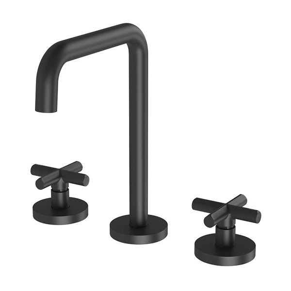 Phoenix Vivid Slimline Plus 3 piece basin set in matte black, with curved spout and cross handles
