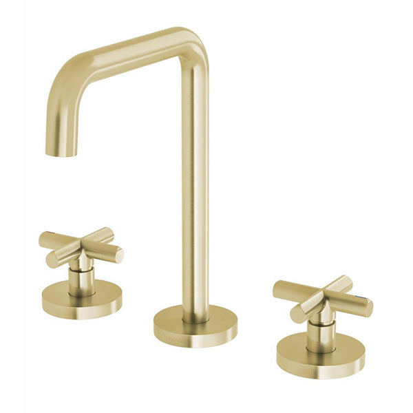 Phoenix Vivid Slimline Plus three-piece basin set in brushed gold, with twin cross handles and tall curved spout