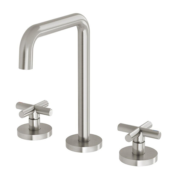 Phoenix Vivid Slimline Plus 3 piece basin set in brushed nickel, with gooseneck spout and cross handles on round bases