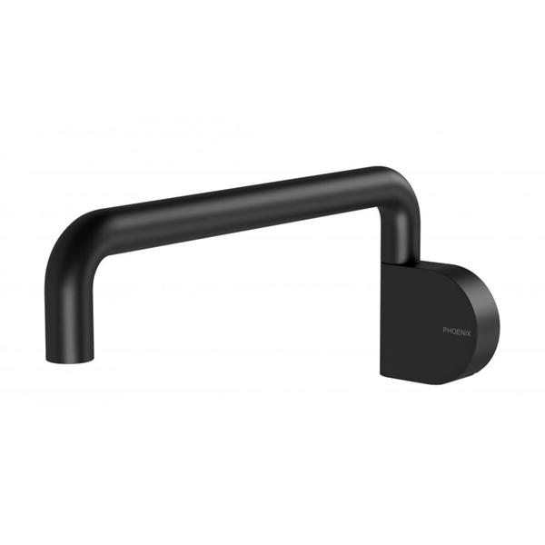 Phoenix Designer swivel bath outlet in matte black, wall-mounted round spout shown on white background