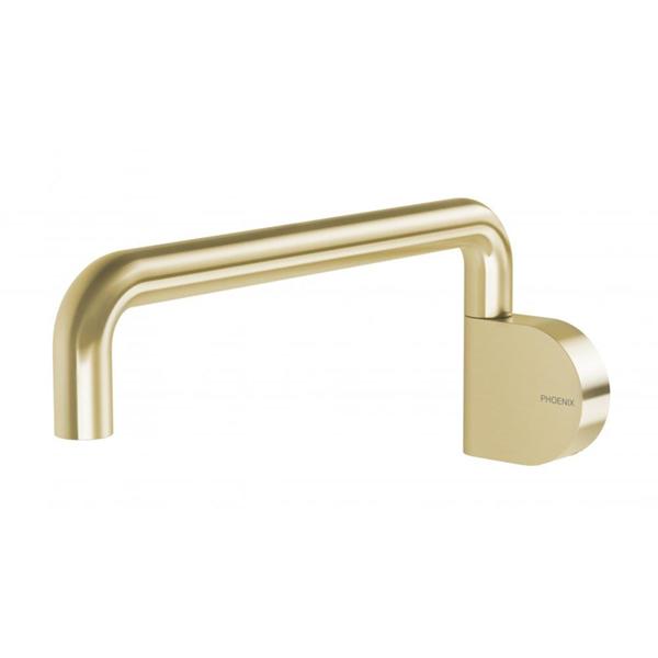 Phoenix Designer swivel bath outlet, brushed gold brass, round wall-mounted spout on white background