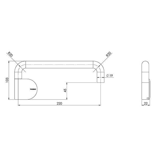 Phoenix Designer Swivel Bath Outlet technical drawing, round brushed gold wall-mounted bath spout with dimensions shown