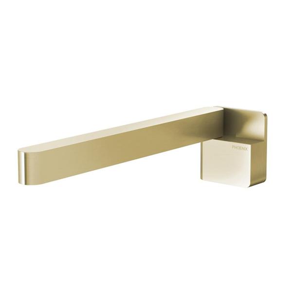 Phoenix Designer square swivel bath outlet in brushed gold, wall-mounted with long spout and square backplate