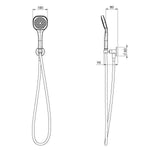 Phoenix Teva chrome hand shower technical drawing, front and side views with dimensions and hose outline